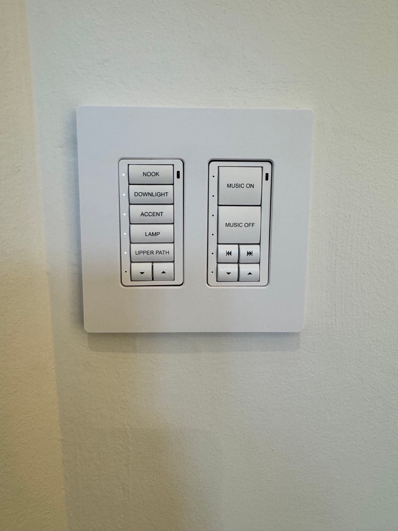 Dual engraved keypads controlling lighting scenes and whole-home audio